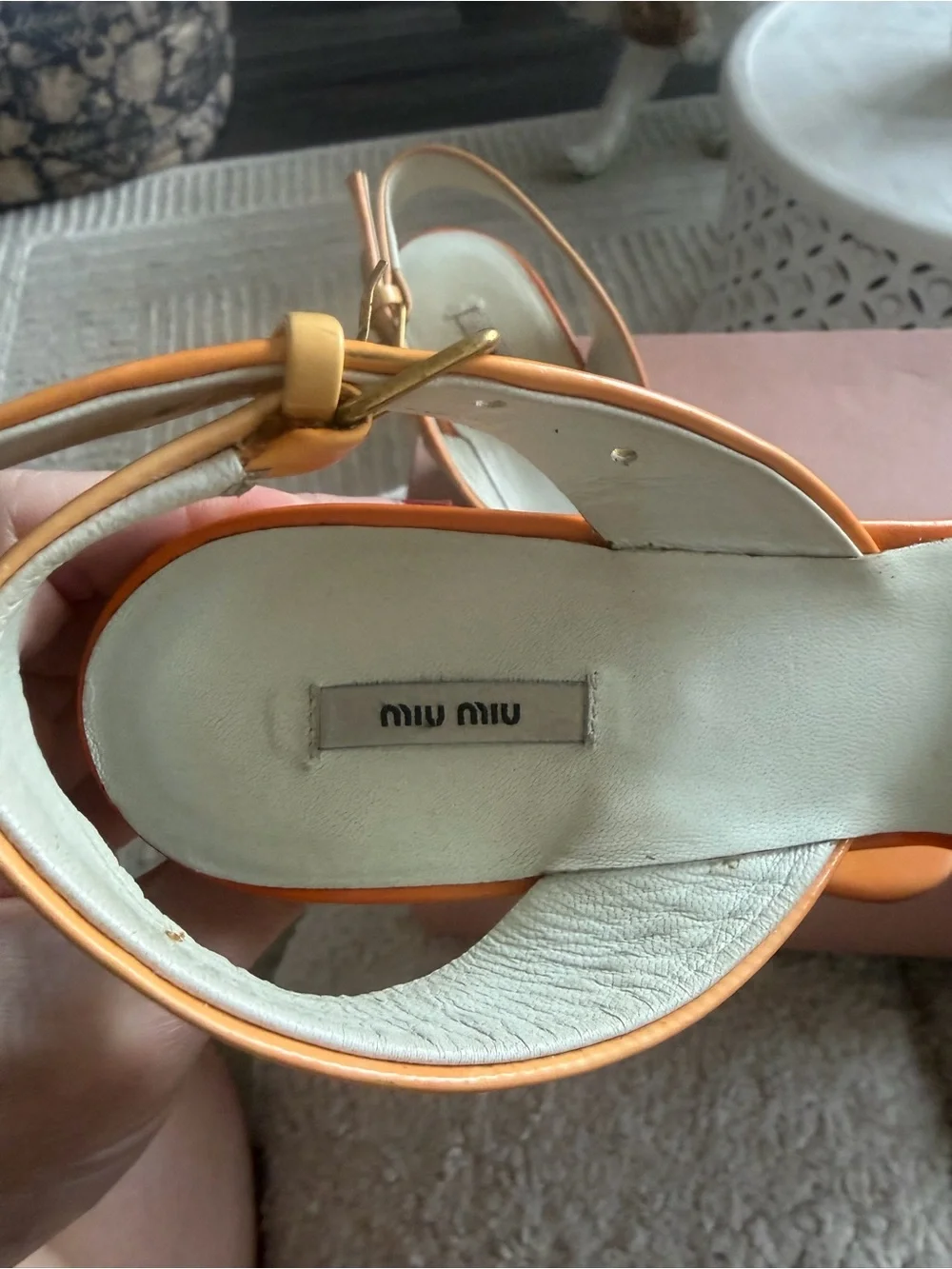 Miu Miu Orange Patent Leather Wedge Sandals with Gold Grommets